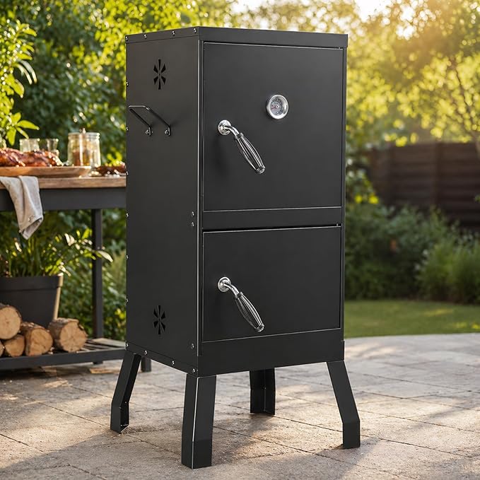 Vertical Charcoal Smoker, 2-in-1 Smoker Grill, BBQ Smoker for Meat, Outdoor Smoker for Backyard Patio | Double Door Easy Access | 2 Cooking Racks, 4 Air Vents, Built-In Thermometer