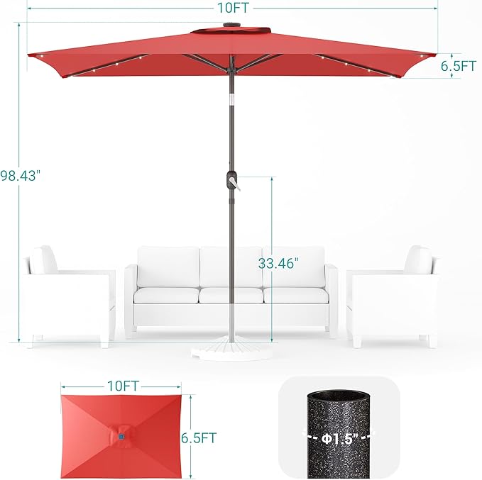 Rectangle Patio Umbrella with Solar Lights, 10 x 6.5ft Rectangular Outdoor Umbrella Table Market Patio Umbrella with Push Button Tilt and Crank for Garden, Deck, Backyard, Pool