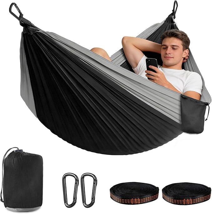 Adult Double Camping Hammock, 10ft x 6.5ft (300x200cm), Orange and Gray, 210T Nylon, 500 Lbs Weight Capacity, Portable with Storage Bag, d-Rings & Wide Straps, Breathable & Durable for Outdoor, Campin