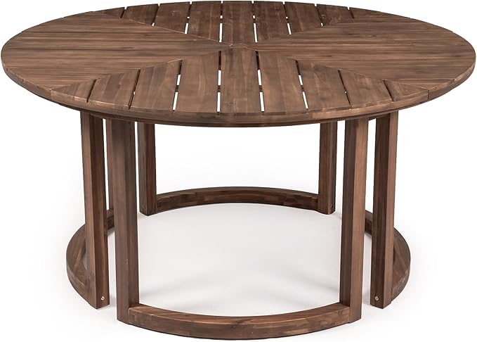 Merax 7 Pieces Outdoor Dining Set for 6 People, Acacia Wood Patio Furniture Sets with Round Table and Six Cushioned Chairs for Backyard, Garden, Lawn, Poolside, Tabletop with Umbrella Hole, Mocha
