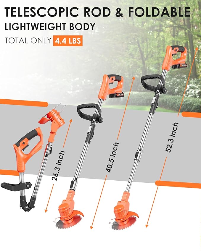 21V Cordless Weed Wacker, 2-in-1 Electric Weed Eater Battery Powered with Wheel and Blade, Stringless Grass Trimmer for Garden Yard, 90° Collapsible