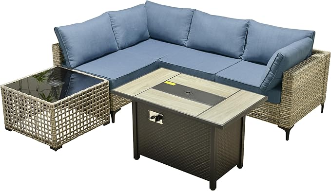 Outdoor Patio Furniture Sets,6 PCS Patio Conversation Set Outside Rattan Sectional Sofa with 42 in Fire Pit Table&Coffee Table Fit Backyard Porch Garden Poolside Balcony