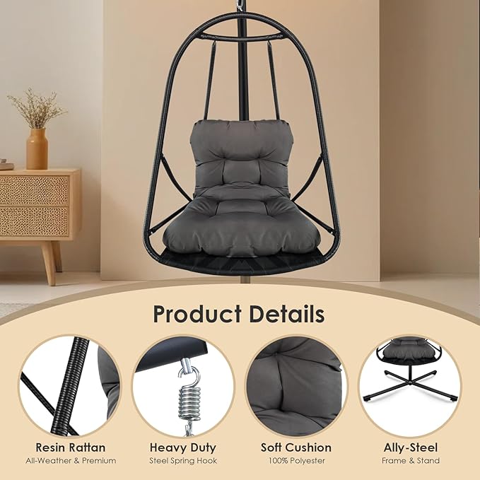 JESE Swing Egg Chair Foldable Frame Hanging Chairs, UV Resistant Waterproof Cushion and Cup Holder,Swing Hammock Chairs for Patio,Bedroom,Balcony, Garden-350lbs, Stand Included, Brown