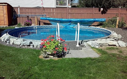 Lake Effect Pools 'Dominica' 30 ft Round Semi Inground Swimming Pool | 52 Inch Resin Protected Steel Sided Walls | Bundle Includes: 25 Gauge Overlap Liner & Widemouth Skimmer