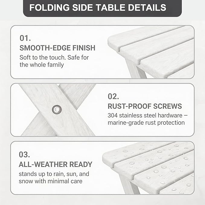 Folding Outdoor Side Table,Small HDPE Patio Table,All-Weather Compact Portable End Table for Patio,Porch,Pool,White,11.8" D x 15.7" W x 15.7" H