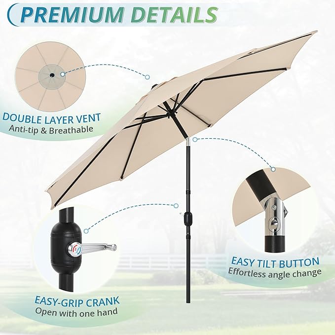 LUE BONA 10FT Patio Umbrella, Waterproof Outdoor Market Umbrella with Easy Crank & Tilt, Patio Table Umbrella for Deck Garden Backyard Pool, Tan