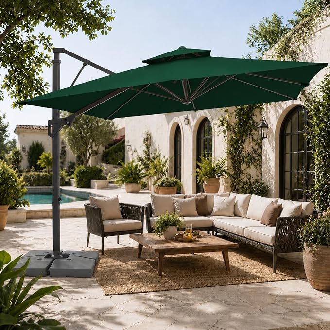 JEAREY 9ft 2-Tier Cantilever Patio Umbrella, Large Square Outdoor Offset Umbrella with Double Top Vent and 360-degree Rotation for Garden, Deck, Pool, Patio, Dark Green