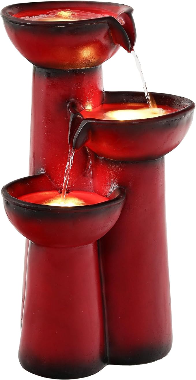 27" Outdoor Water Fountain with LED Lights, 3-Tier Cascading Faux Ceramic Column Water Feature with Pump for Garden Patio Backyard, Weather-Resistant Resin Waterfall for Serene Oasis, Red