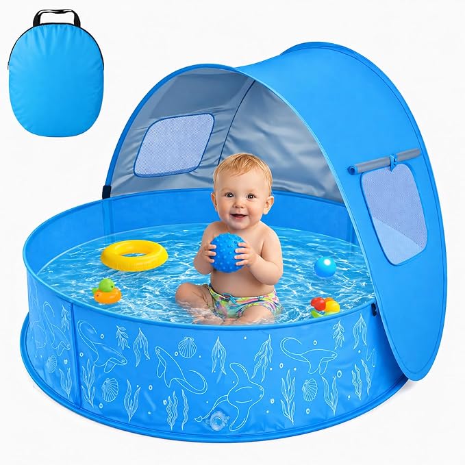 Baby Pool with Canopy, Foldable Kiddie Pool with Shade, Pop Up Water Play Pool with Carrying Bag for Toddlers, Portable for Backyard and Beach, 35.4 Inch