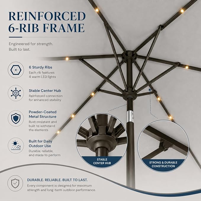 6.5 x 10ft Rectangular Patio Umbrella with Solar Lights, 16 LED Lighted Market Umbrella with Push-Button Tilt and Crank, 6 Sturdy Iron Ribs for Garden, Deck, Pool, Light Gray