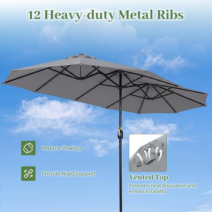 Tangkula 13 Ft Solar Patio Umbrella, Double-Sided Extra Large Outdoor Market Table Umbrella with 36 LED Lights, Crank Handle, 12 Sturdy Ribs for Poolside, Garden & Backyard (Gray)