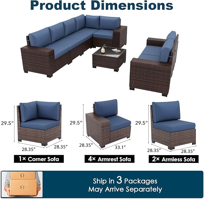 Patio Furniture Set, 8 Pieces Outdoor Sectional Sofa Conversation Sets with Waterproof Cover Modern Wicker Seating Set, 4'' Thickened Cushions 1 Glass Coffee Table 2 Armless Sofas, Navy Blue
