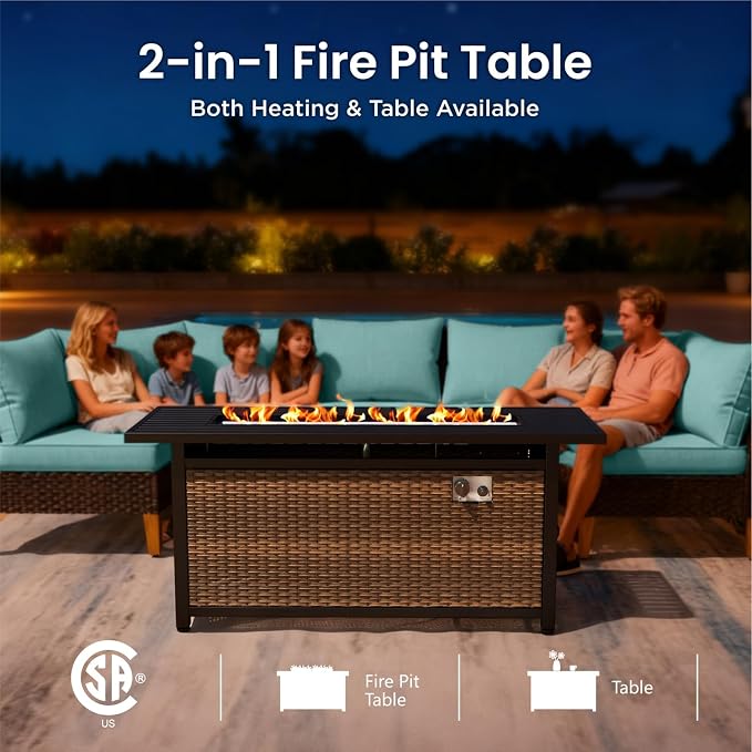 PHI VILLA Wicker Patio Furniture Set with Swivel Chairs, 8 Pieces Outdoor Conversations Set with 56" Fire Pit Table, Oversized Rattan Patio Sectional Sofa with Ottoman, Aqua Blue Cushion
