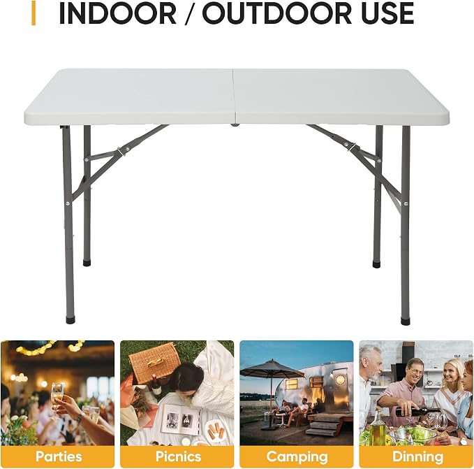 Folding Event Table, Heavy Duty Picnic Table Indoor Outdoor Camping, 4FT Portable w Handle Lock for Banquet, White