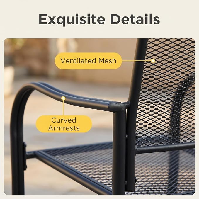 7 Piece Outdoor Dining Set, Patio Dining Table Set for 6, 47" Mesh Round Table with 6 Black Metal Mesh Outdoor Dining Chairs with Armrest for Lawn, Garden, or Porch