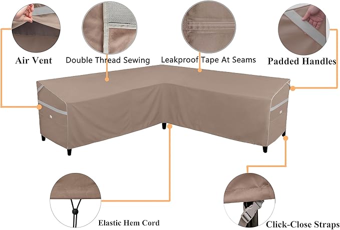 Heavy Duty Waterproof Outdoor V-Shaped Sectional Sofa Cover UV Resistant Patio Furniture Covers for 5 Seater 85" W (on Each Side) x 33" D x 31" H Brown
