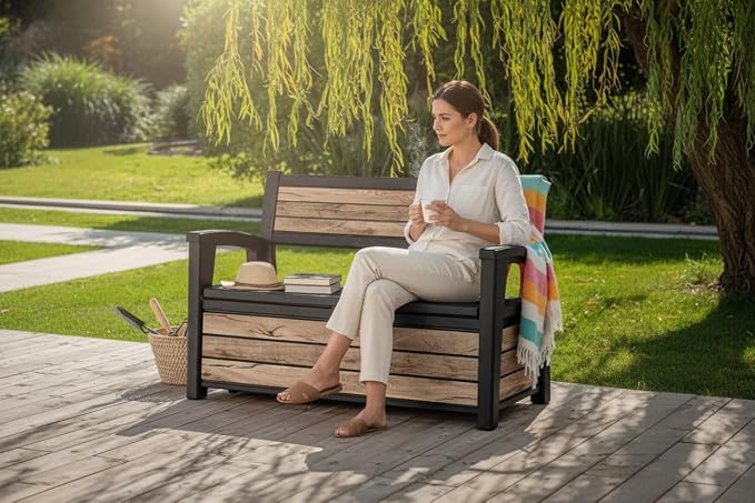 60 Gallon Plastic Resin Weather Resistant Outdoor Backyard Patio Storage Deck Box (Ash Wood Brown)