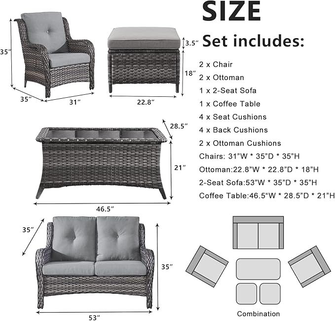 Belord 6 Pieces Patio Furniture Set Outdoor Wicker Furniture, 2 Patio Wicker Chairs with 1 Loveseat Sofa, Coffee Table and Ottomans, Patio Conversation Set for Porch Garden Deck Balcony Poolside
