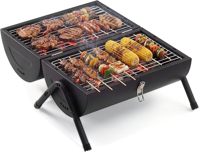 Outvita Portable Charcoal Grill with Thermometer, Dual-Sided Small Tabletop Barbecue Grill for Outdoor Camping BBQ Cooking Backyard Party, Heavy Duty, Easy Assembly (Black)