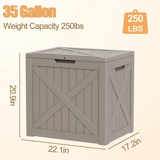 35 Gallon Waterproof Resin Deck Box, Outdoor Lockable Storage Bins Container Container for Patio Cushions Garden Tools Delivery Box, Grey