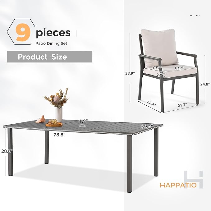 HAPPATIO Patio Dining Set, Metal Outdoor Table and Chairs Set for 8, Powder-Coated Steel Chairs with Thick Cushions, 80" Rectangular Table with 1.9" Umbrella Hole for Deck Backyard Lawn