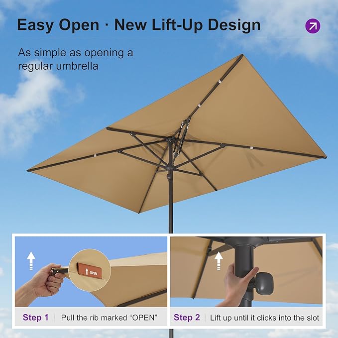 PURPLE LEAF 10' x 6.5' Rectangular Semi-Auto Outdoor Patio Umbrella Aluminium Market Umbrella Table Sun Umbrella with 1.89" Rod and 6 Sturdy Ribs for Deck Lawn Pool Garden, Beige