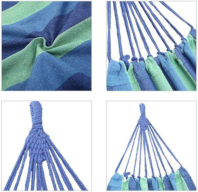 Camping Hammock,Portable Garden Hammock,Extra Long and Wide Brazilian Hammock Canvas Cotton Hammock with Carrying Bag for Patio Yard & Backyard &Porch & Outdoor/Indoor (Blue & Green Strip)