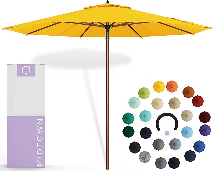 Midtown Umbrellas The Wooden 8 Feet Patio Umbrella With Sunbrella Yellow Acrylic Fabric - Aluminum Frame Market Umbrella For Backyard, Deck, Garden, Pool - Wooden Pole