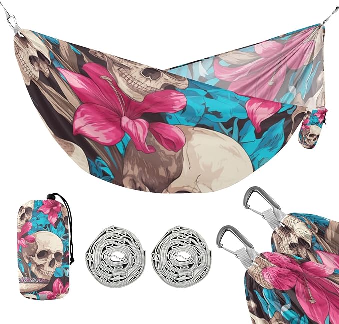 Human Skulls Hot Pink Lily Flowers 330lb Capacity Outdoor Hammock with Hanging Rope Tree Hammock for Outside Patio Garden hamaca con soporte para adultos