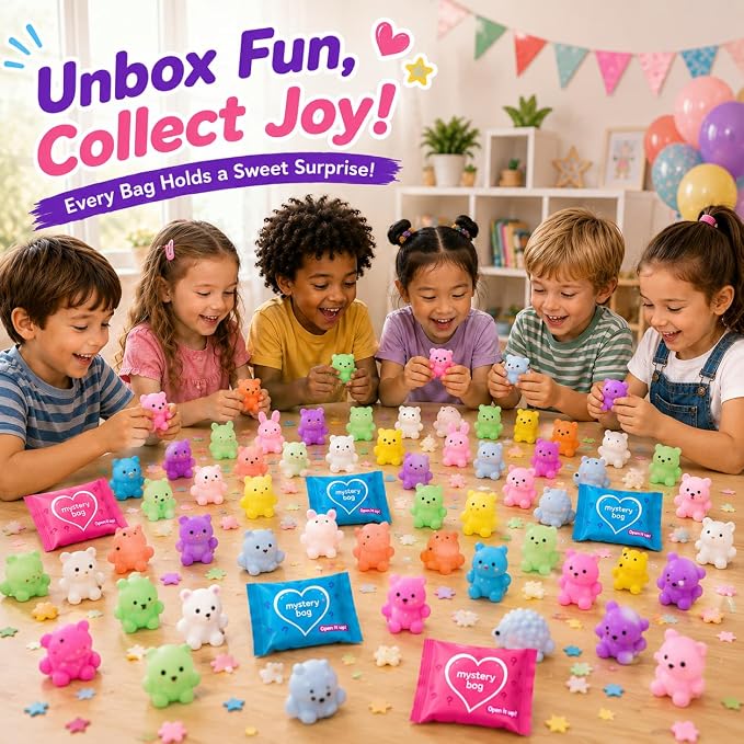 100 PCS Mystery Bag Animal Mochi Squishy Toys, Mini Blind Bags Bulk Cute Kawaii Sensory Fidget Surprise Toys for Kids, Classroom Prizes, Party Favors, Treasure Box Rewards, Goodie Bag Stuffers