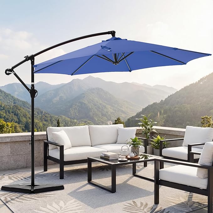 OLIXIS 9.8FT Offset Patio Umbrella with Base, Cantilever Table Umbrellas for Outdoor Sun Shade UV Protection with Easy Tilt Adjustment, 8 Ribs for Backyard, Lawn, Garden, Pool