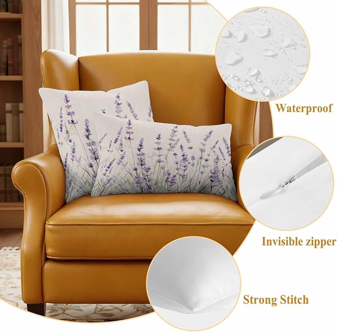 Spring Flower Outdoor Waterproof Throw Pillow Covers Set of 2, 16"x16", Vintage Purple Lavender Linen Texture Decorative Pillow Covers Outside Cushion Case for Patio Porch Garden