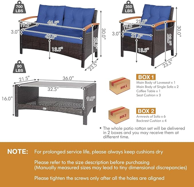 Tangkula 4 Piece Patio Rattan Conversation Set, Outdoor Wicker Sofa Set W/2-Layer Coffee Table, Backrest & Seat Cushions, Acacia Wood Curved Armrests, Suitable for Poolside, Backyard, Deck (1, Navy)