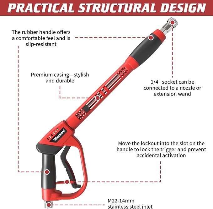 Pressure Washer Gun 5000PSI with Extension Wands, 40 Inch Pressure Washer Accessories with 1/4" Quick Connect Outlet, Car Wash Gun with 5 Nozzle Tips and M22-14mm to M22-15mm Adapters