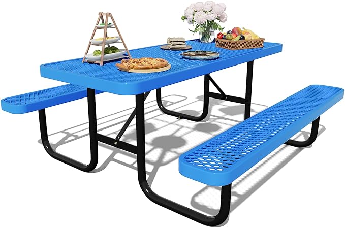 Picnic Tables for Outdoors,Commercial Metal Picnic Table Bench Set with Umbrella Hole,School Canteen Tables W/Seats - Heavy Duty Sturdy Picnic Tables Furniture for Patio Garden (Blue, 6FT)