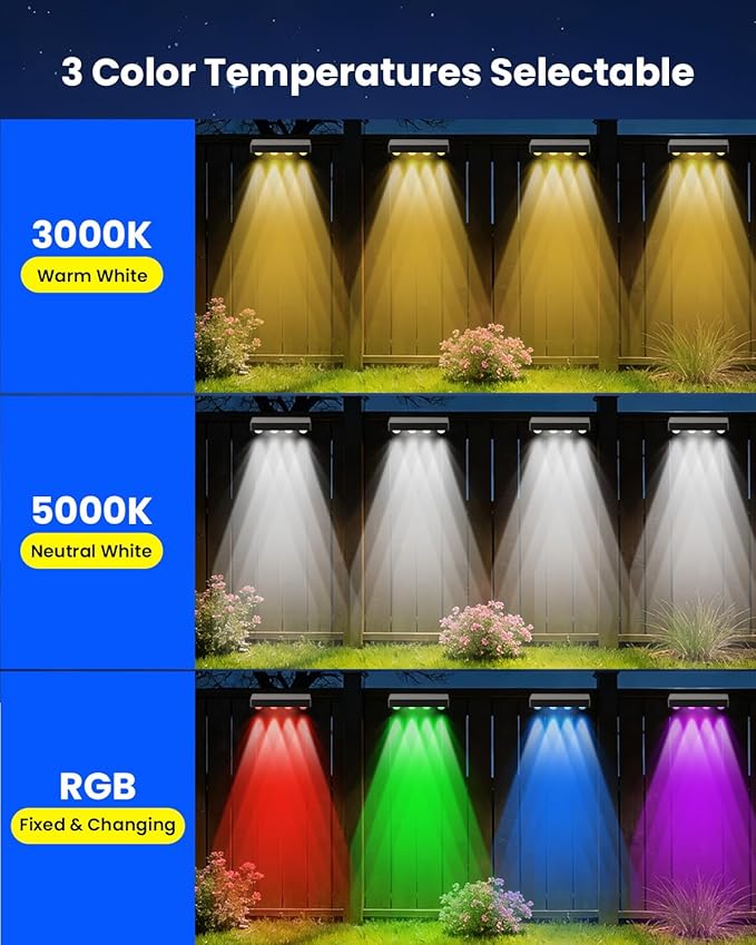 Solar Fence Lights Outdoor Waterproof 12 Pack IP65 Waterproof Fence Solar Lights 3000/5000K/RGB 12 Mode, Solar Powered Wall Lighting Decor for Backyard, Railing, Step, Patio Housewarming Gifts