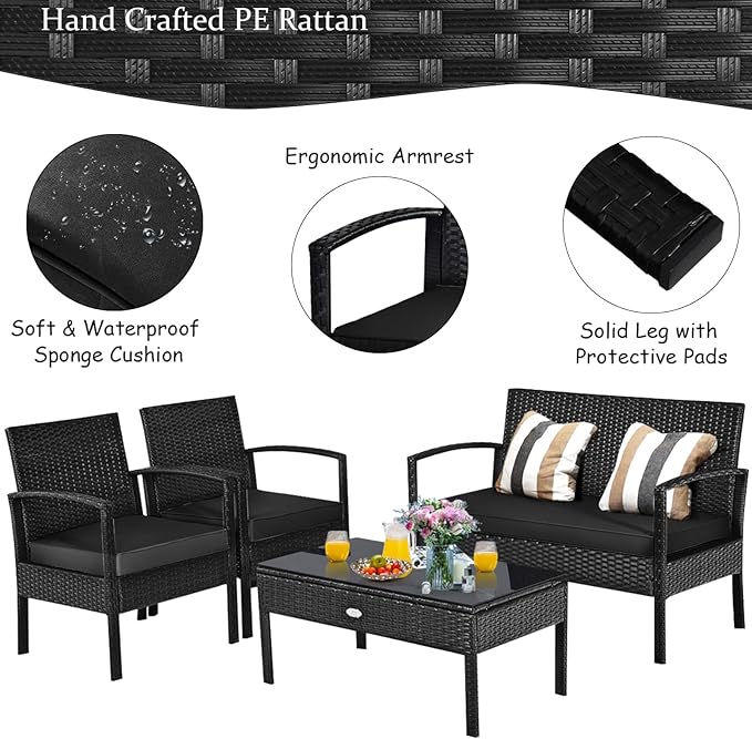 Tangkula 8 Pieces Wicker Patio Conversation Furniture Set, Outdoor Rattan Chair and Table Set, Patio Furniture Sets with Coffee Table & Washable Cushions for Courtyard Balcony Garden