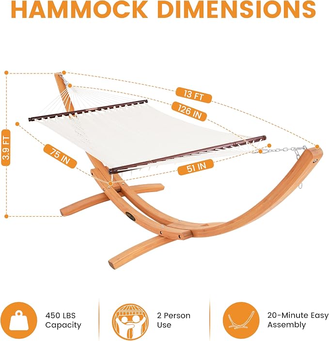 Lazy Daze Hammocks 2 Person Caribbean Rope Hammock with Wood Stand, 10.5FT Polyester Hammock with Spreader Bars, 13FT Heavy Duty Stand Combo, 450 LBS Capacity for Outdoor Backyard Poolside, Cream
