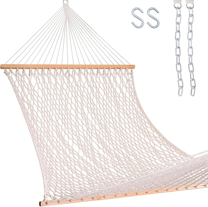 Lazy Daze Hammocks Rope Hammock with Pad, 2 Person Hand Woven Cotton Hammock with Spreader Bar for Outdoor, Indoor, Patio, Poolside, FIT 13-15 Foot Stand, Max 450 Lbs