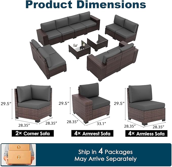 Patio Furniture Set, 12 Pieces Outdoor Sectional Sofa Conversation Sets with Waterproof Cover Modern Wicker Seating Set, 4'' Thickened Cushions & 2 Glass Coffee Table, Grey