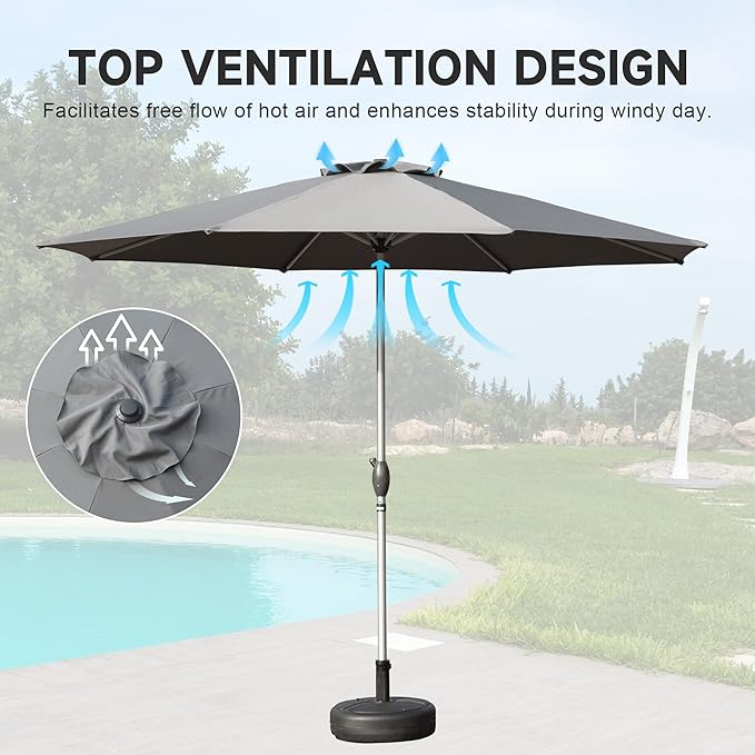 Domi 10FT Patio Umbrella Outdoor Market Umbrella with Silver Aluminum Pole, UV Resistant Canopy, Wind Vent, Tilt & Crank System, Perfect for Patio, Garden, Deck, Pool, Outdoor Dining, Gray