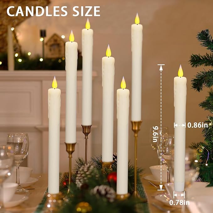 KSWING Upgraded Real Wax LED Flameless Taper Candles with Remote, 6 PCS White Dripping Candlesticks Battery Operated 3D Flickering - 9.6" Long Realistic Fake Candle Sticks for Home/Wedding/Xmas Decor