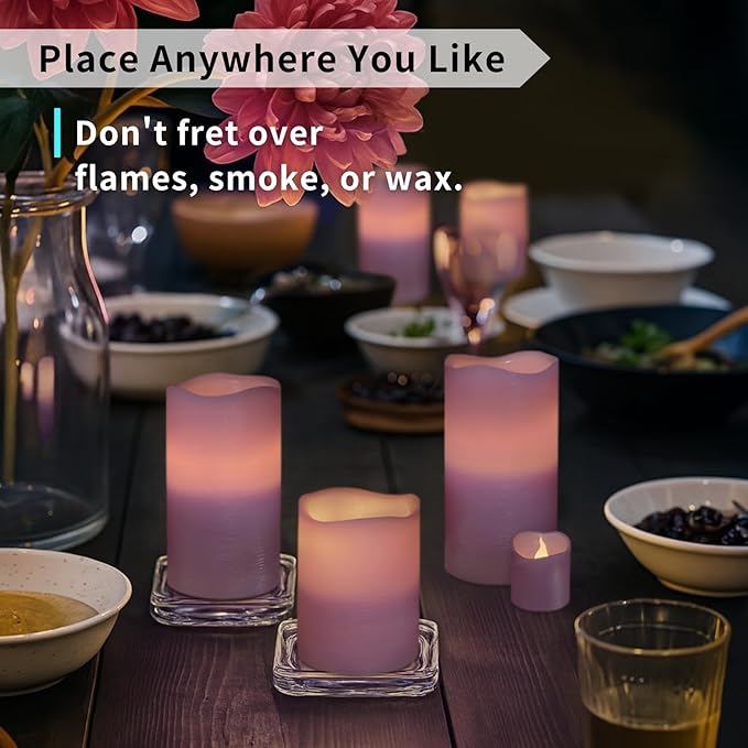 FURORA LIGHTING Purple Real Wax Flameless Candles with Remote and Timer, 4 Pillars and 4 Votives Pack of 8, LED Flickering Candles for Home Décor, Battery Included