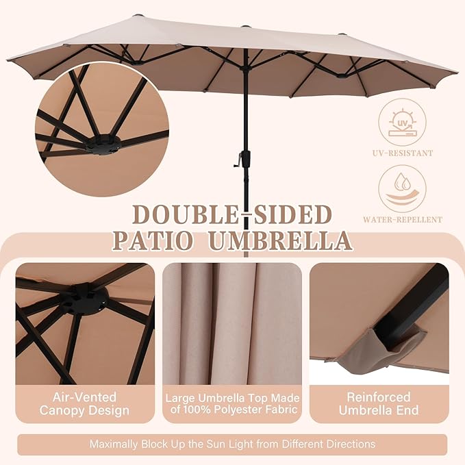 13 ft Patio Umbrella with Base, Large Rectangle Outdoor Umbrella with Matching Stand, Strap, Crank, Khaki