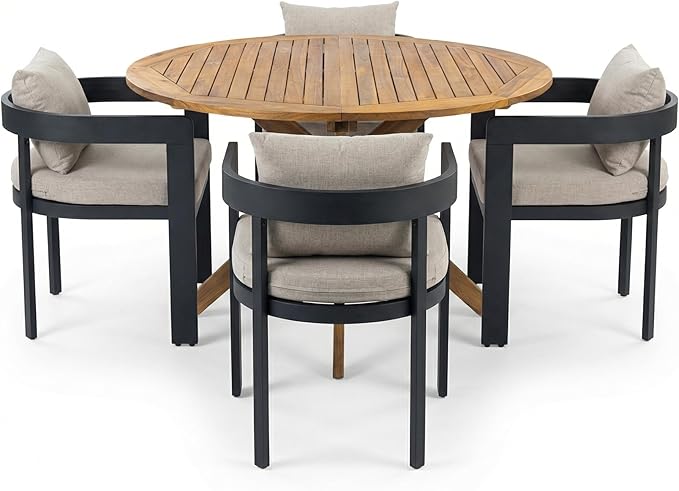 Christopher Knight Home Pusla Acacia Wood Patio Dining Set for 4, Wood&Metal Outdoor Dining Table Set for 4, Round Dining Table and Chairs Set of 4 with Cushion, Teak+Grey+Black