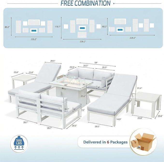 NICESOUL 9 Pcs Oversized Aluminum Patio Furniture Set, 500 lbs Heavy Duty Outdoor Sectional Sofa with Lounge Chair & Fire Pit Table, 29" Deep Wide Seating Conversation Couch for Poolside, Light Gray