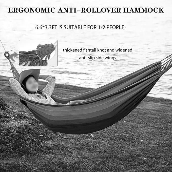 Outdoor Hammock, Thickened Anti-Rollover Hammock Chair for Camping, Compact and Portable Swing with Storage Bag, Load Bearing 150kg/330.7lbs(Grey-Blue)