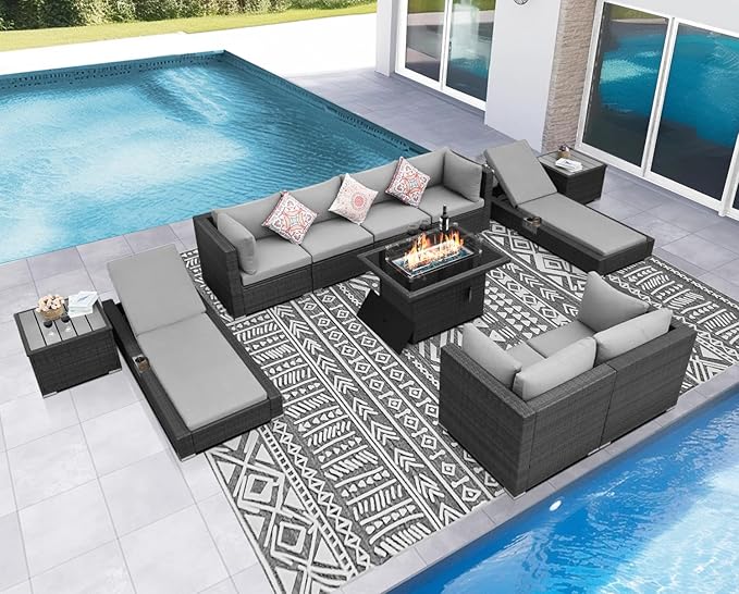 NICESOUL 11 Piece Sectional Outdoor Set with Loungers, Modern Large Backyard Seating with Firepit, 29.3'' High-Back Deep Patio Couch Sofa, Heavy Duty All-Weather Wicker Furniture for Deck, Light Grey