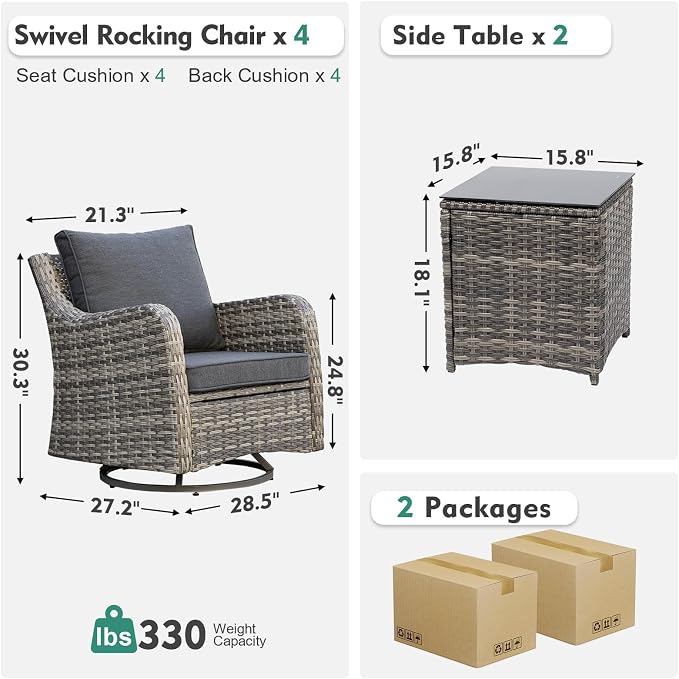 MEISSALIVVE Outdoor Patio Furniture Set with Swivel Chair, 6 Pieces Patio Conversation Set, Patio Sectional Furniture Set with 4 Swivel Rocker Patio Chair and 2 Side Table (Grey)