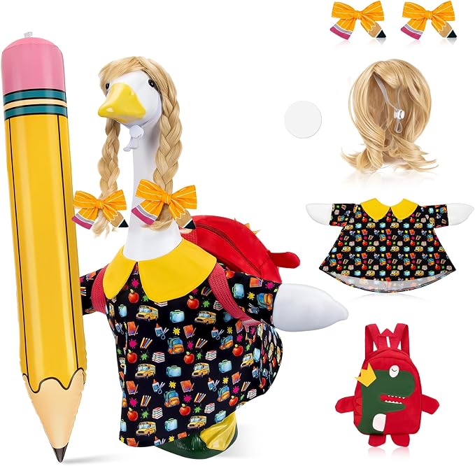23" Back to School Porch Goose Outfit, Curly Wig (Statue not Included) | Complete 6 piece back to school goose set, Wavy unbraided wig + dress + pencil clips + inflatable pencil + red bag + tape